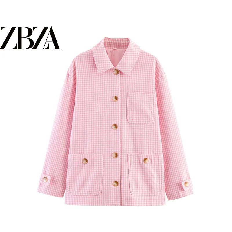 

Sweet Style Casual Loose Plaid Jacket Women's Outerwear Multi-Pocket Design ZR Fashion Spring Season Polyester Fiber