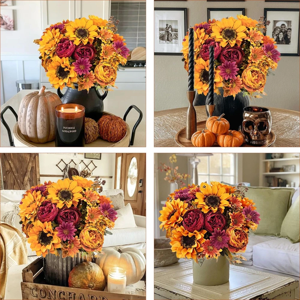 Künstliche Blumen aus Seide, Sonnenblumen, Festival, Herbstgirlande, Hochzeit, Brautsträuße, Zuhause, Zimmer, Tischdekoration, Fensterbank-Dekoration – Detail 5