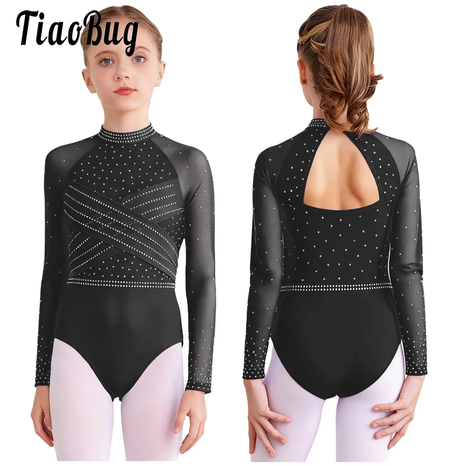 

Kids Girls Artistic Gymnastics Figure Skating Costumes Ballet Jersey Bodysuits Sparkly Rhinestone Leotards Performance Dancewear