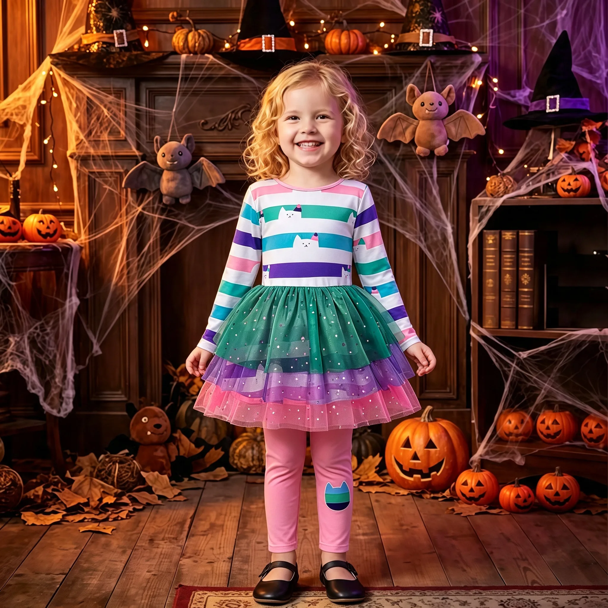 New Children Casual Sets Cat Rainbow Striped Mesh Tutu Dress With Pants Girls Halloween Outfit Carnival Birthday Party Gifts