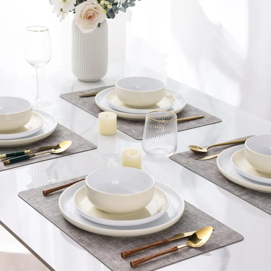 12 Pieces Ceramic Dinnerware Set Modern White Dish Set for 4 Scratch Resistant Smooth Plates and Bowls Sets Oven Safe Microwave