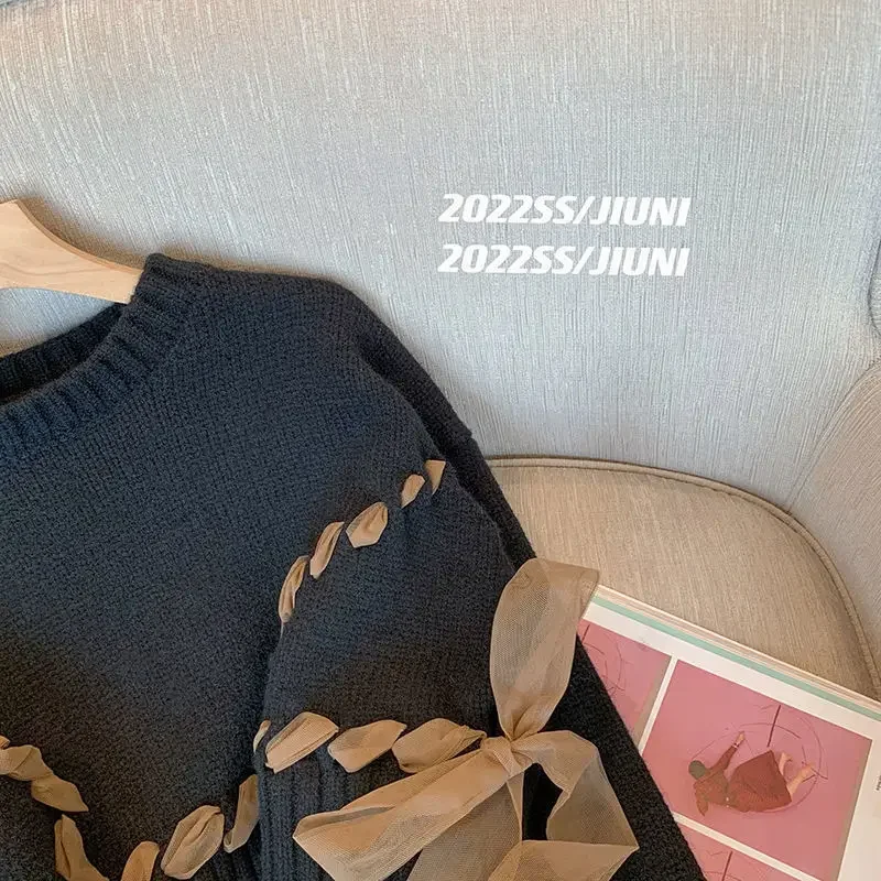 Nomikuma Chic Gauze Bow Bandage Knitted Sweater Casual Long Sleeve O-neck Pullovers 2023 Spring New Short Tops Female