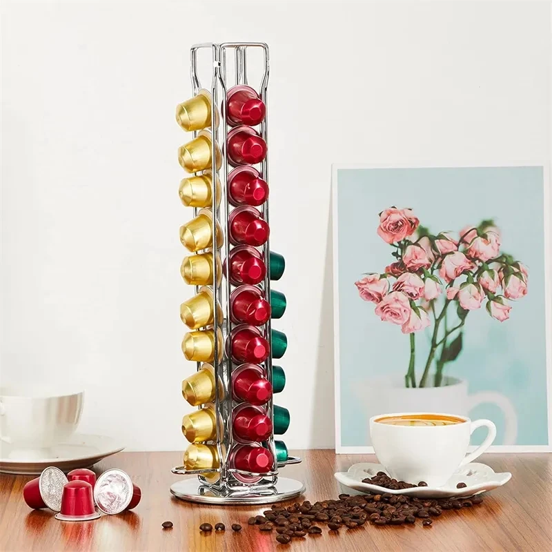 

40 Pcs Nespresso Capsules Holder Rotating Rack Coffee Capsule Stand Coffee Pod Stainless Metal Storage Shelve Organization