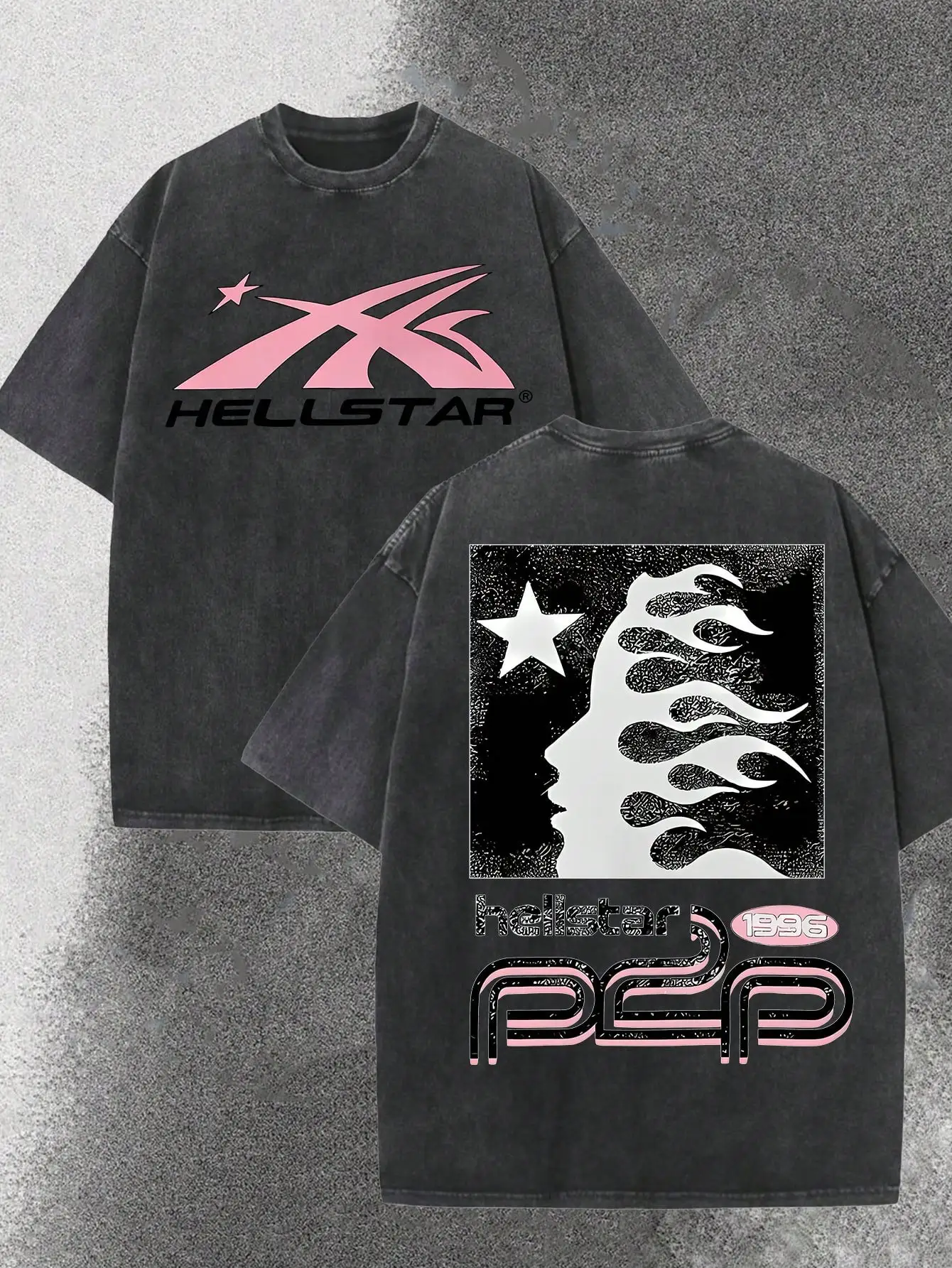 Distressed Washed Black Oversized Tee with Pink Flame Graphic & Star Motif, Dual-Sided Print