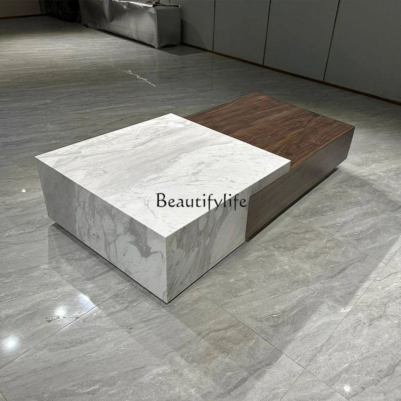 

*New marble home living room coffee table modern simple light luxury solid wood with drawers retractable small apartment