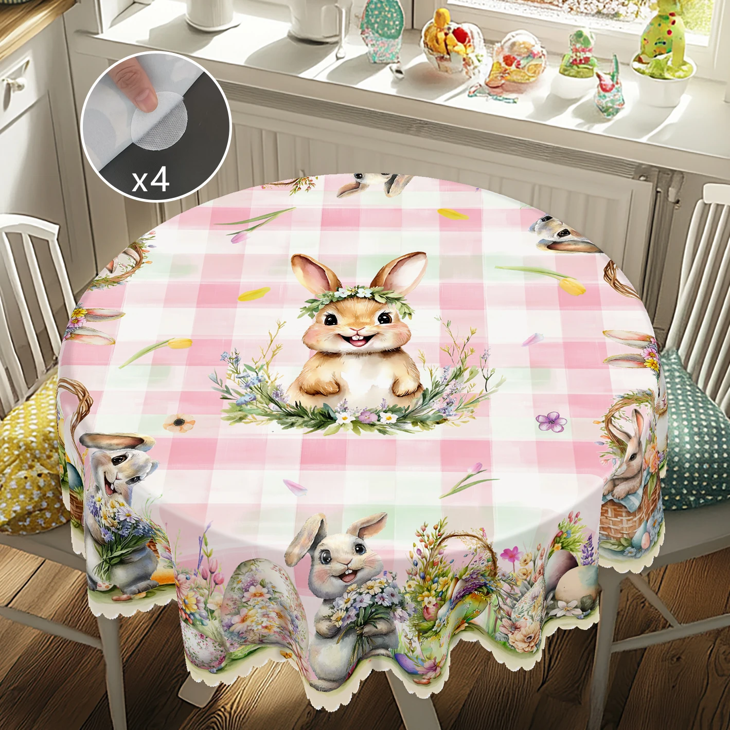 1 Easter Round Tablecloth, 5 Sizes Available, Tulip Easter Bunny Egg Plaid Printed Square Tablecloth, Edge Embossing Process, Spring Garden