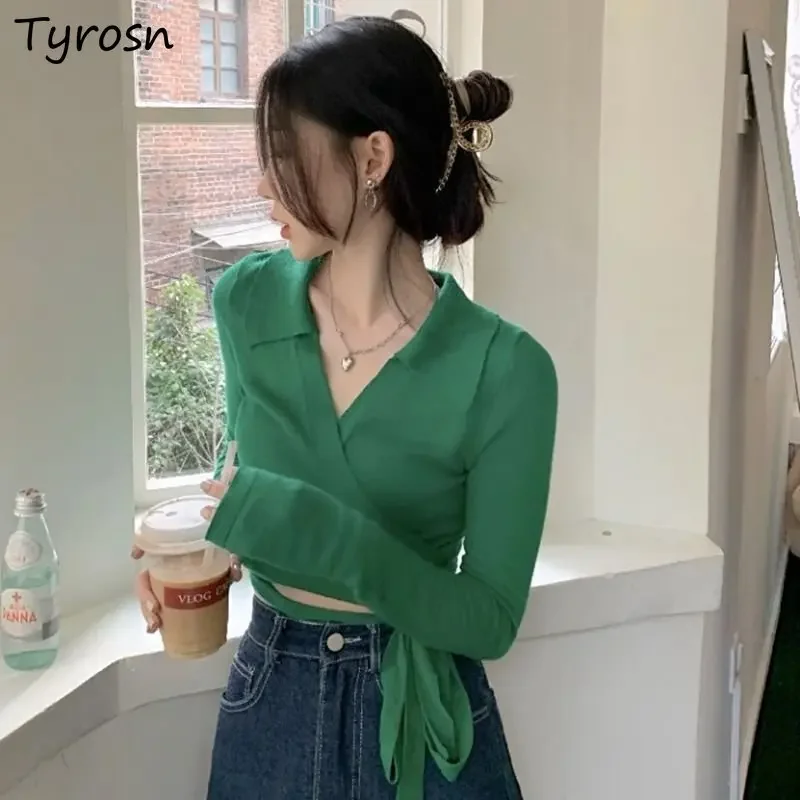 

Pullovers Women Slim Design Solid Fashion Simple Knitting All-match Elegant Sweet Leisure Autumn Korean Style Lace-up Tender New