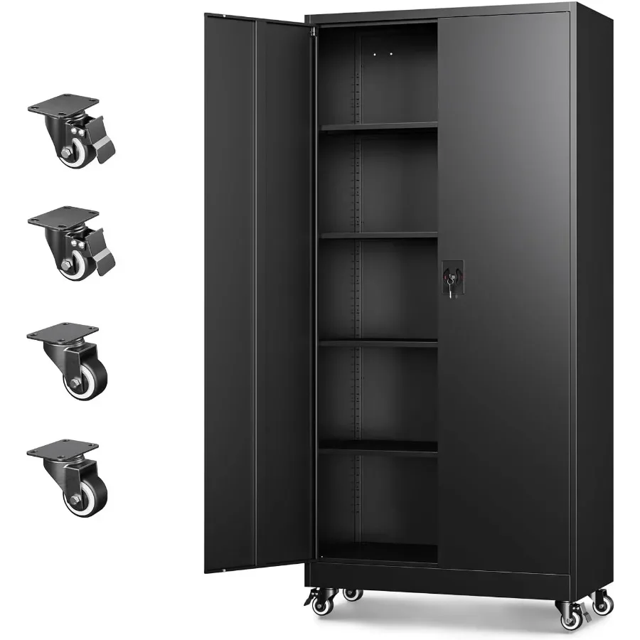 Metal Garage Storage Cabinets with Wheels, Steel Tool Cabinets Lock Door and Adjustable Shelves for Home, Office, Warehouse Org