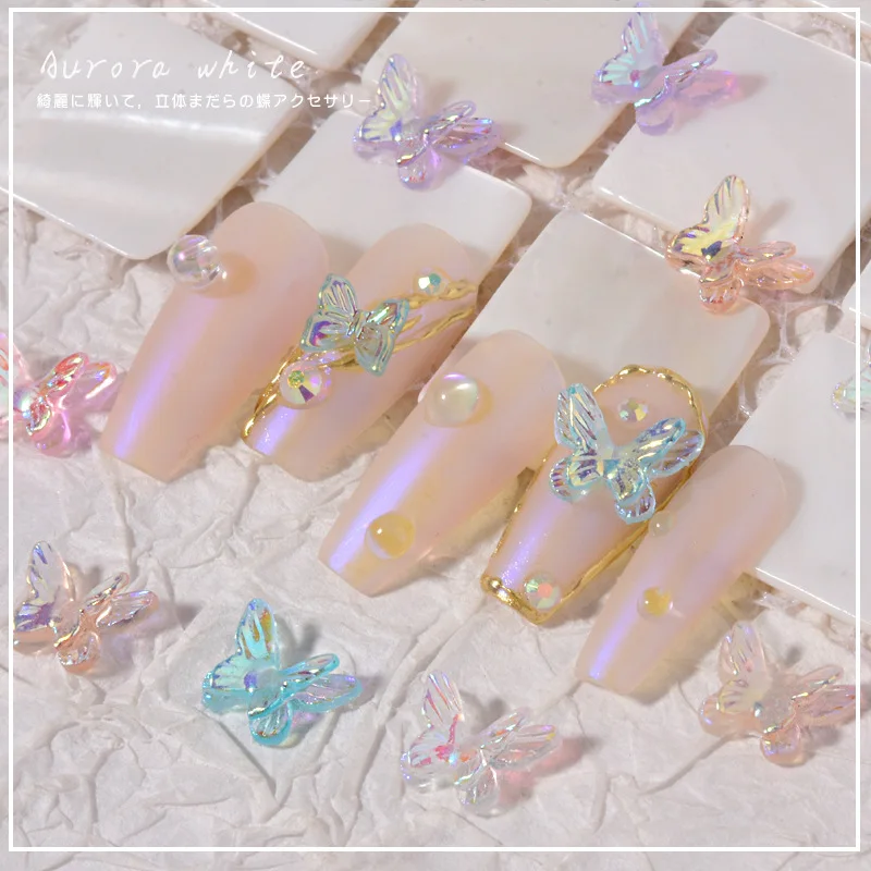 50Pcs Aurora Double-Wings Butterfly Nail Art Charm 3D 11*8mm Polar Light Butterfly Nail Decor Oranment DIY Kawaii Nail Figures