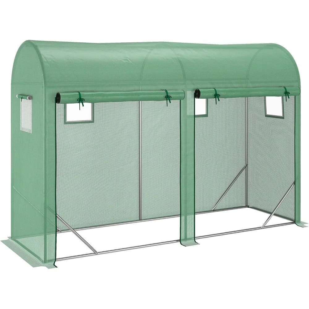 10' x 3' x 7' Walk-in Lean-to Greenhouse, Steel, 4 Zipper Roll-up Windows & 2 Doors, UV Protecting PE Cover for Growing