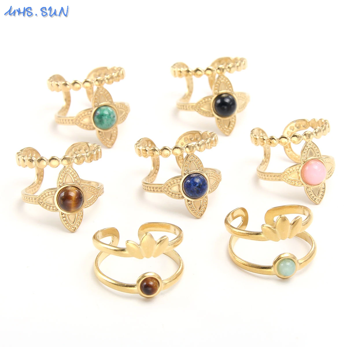 MHS.SUN Retro Stainless Steel Can Open Natural Stone Rings Hot Selling Boho Gold Plated For Women Men Party Super Jewelry Gift