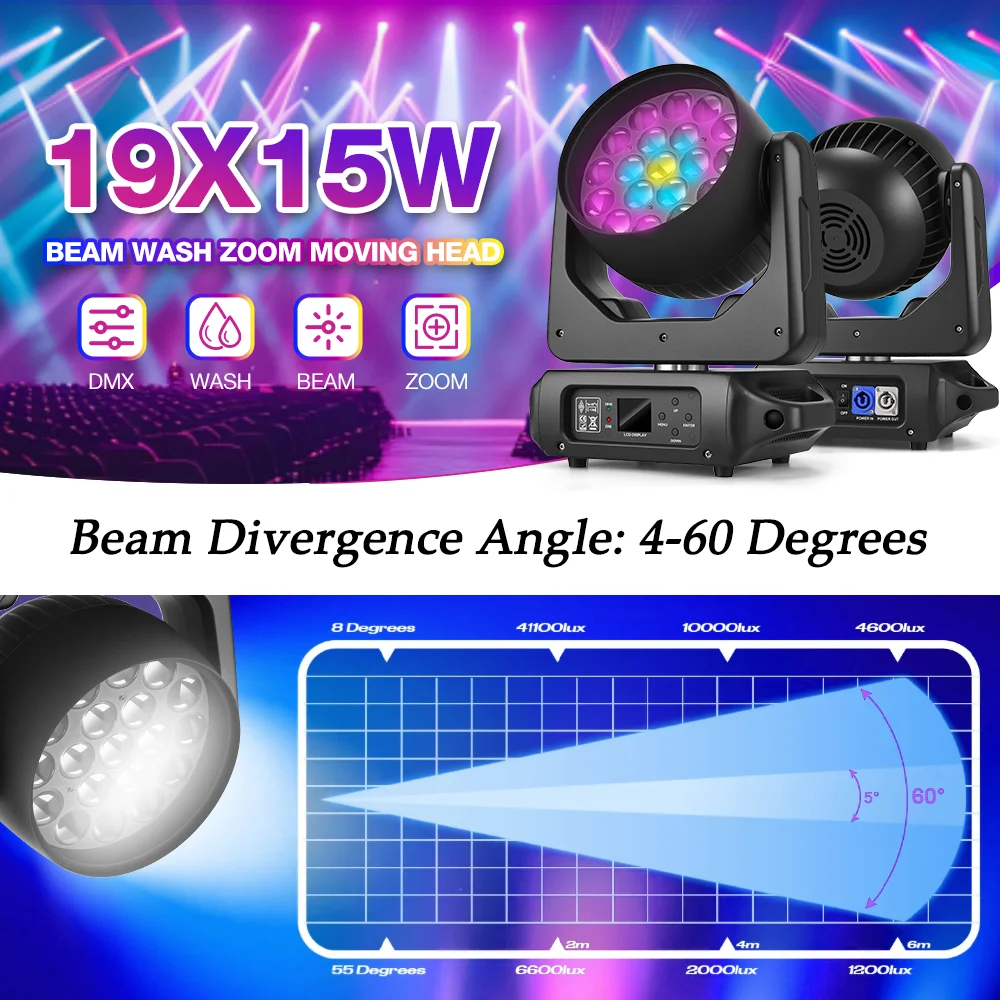 

19x15W Moving Head Party Lights RGBW LED Stage Light With Beam Wash Effect By Sound Activated DMX For DJ Disco KTV Halloween