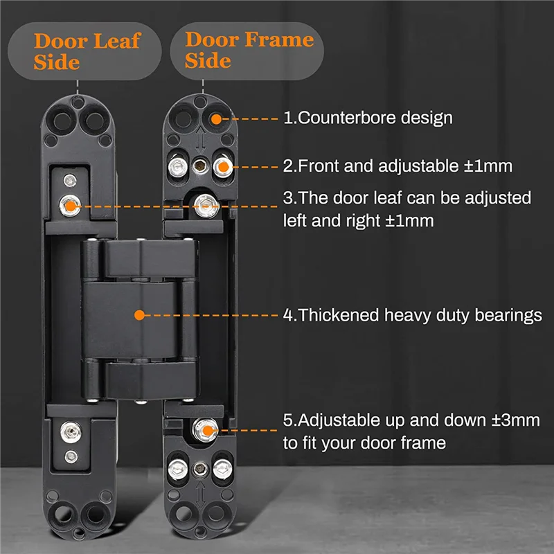 6Inch Hidden Door Hinges Zinc Alloy Invisible Hinge, 3-Way Adjustable Butt Hinges Concealed Hinges 2 Packs