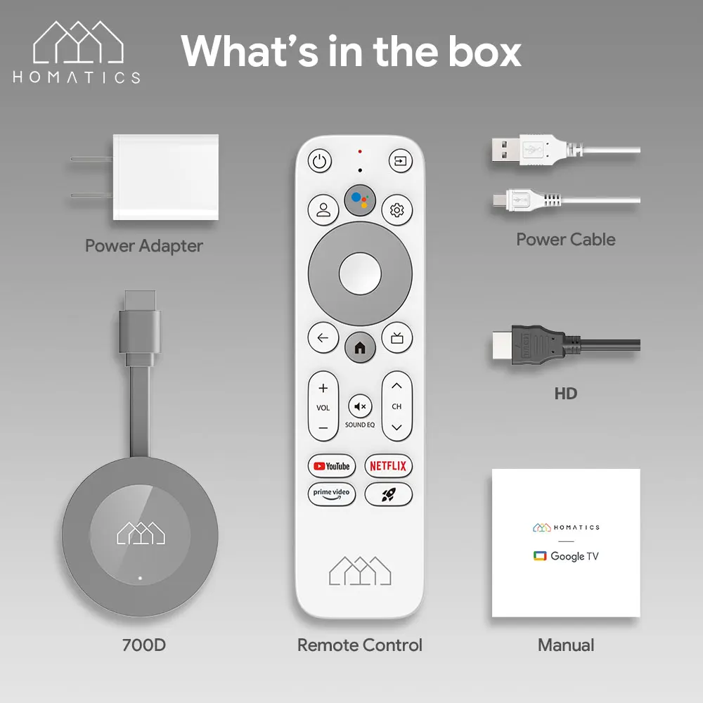 HOMATICS Dongle G 4K TV Stick with Netflix 4K Google Certified 2G32G Amlogic S905Y4 Support Dolby Atmos AV1 H.265 2T2R Wifi Box