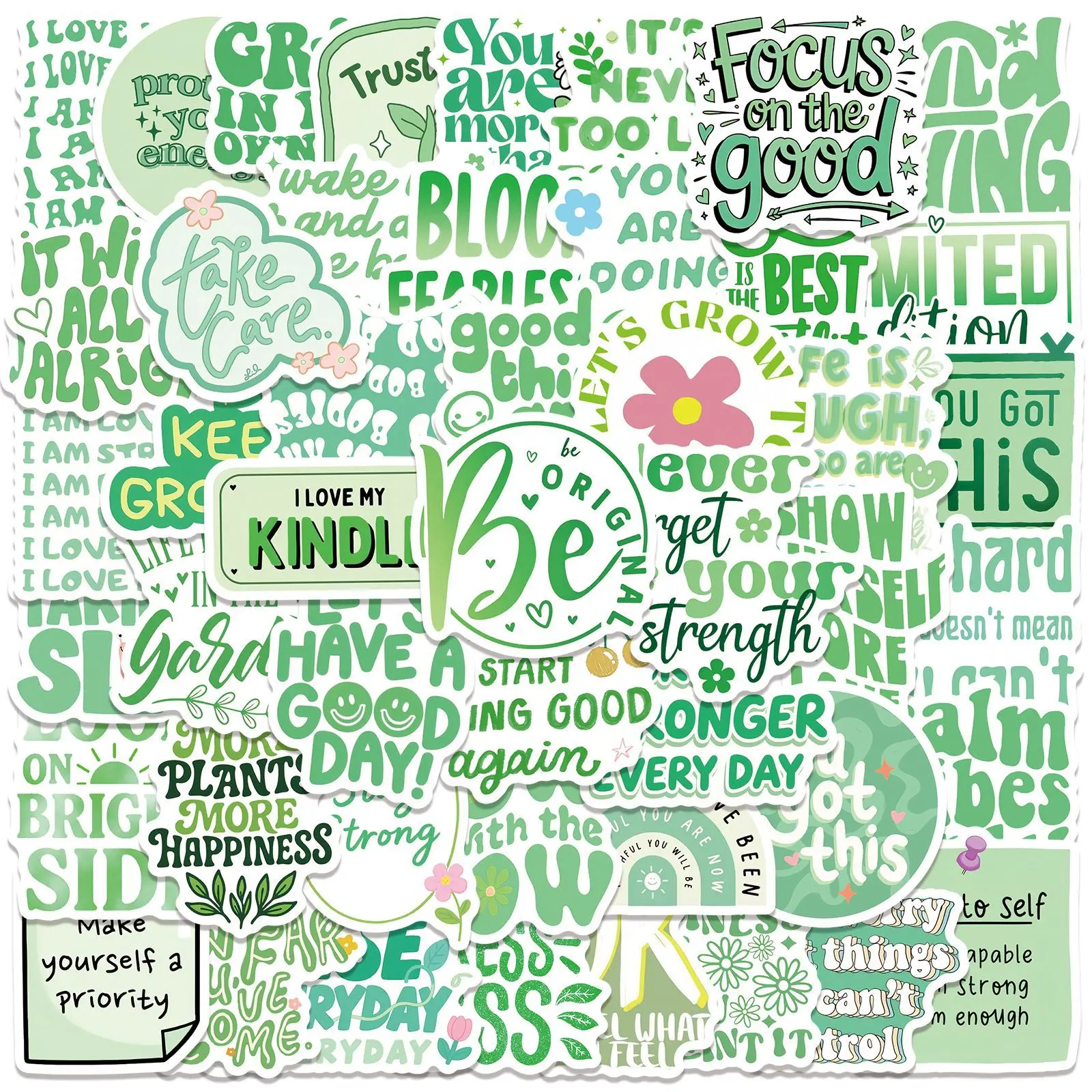 50PCS Green Inspirational Text Waterproof Stickers English Slogan Graffiti Decoration DIY Notebook Suitcase Water Cup Guitar Toy