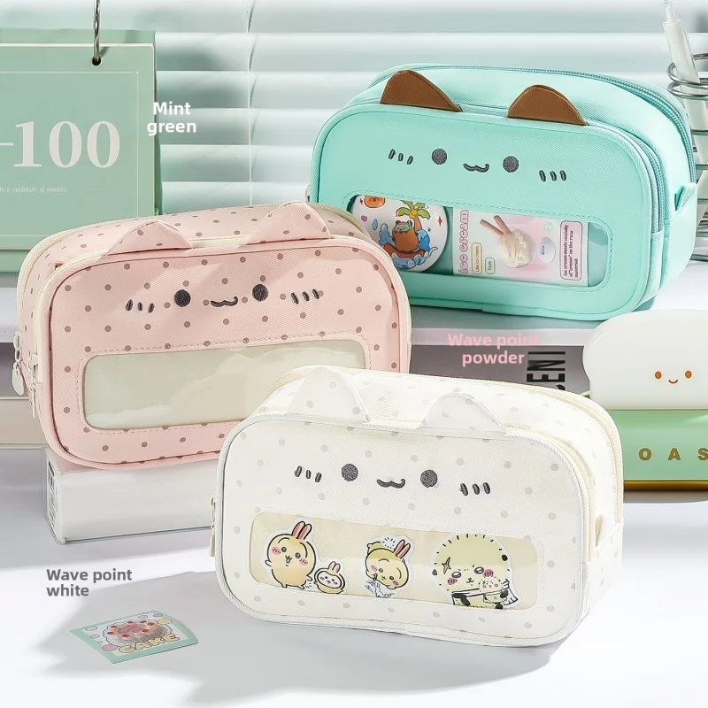 Cute Mint Cat Ita Bag Pencil Case 3D Cat Ear Clear Window Large Capacity Kawaii Student Stationery Pouch for Girls