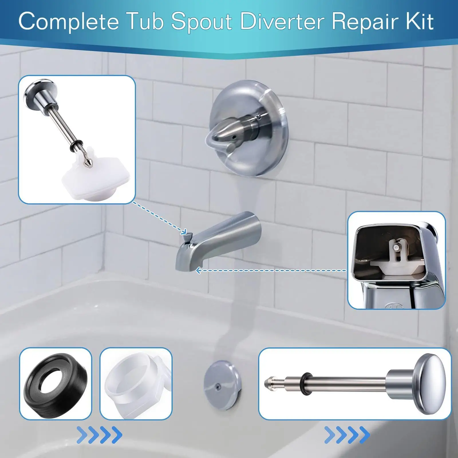 Universal Bathtub Faucet Diverter Repair Kit with Metal Valve Stems and Rubber Cup Seals for Leaking Tub Spout Shower