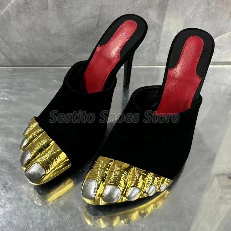 Black Satin Gold Finger Half Slippers for Women Luxury Thin High Heels Fashion Slipper Summer New Party Banquet Stiletto Shoes