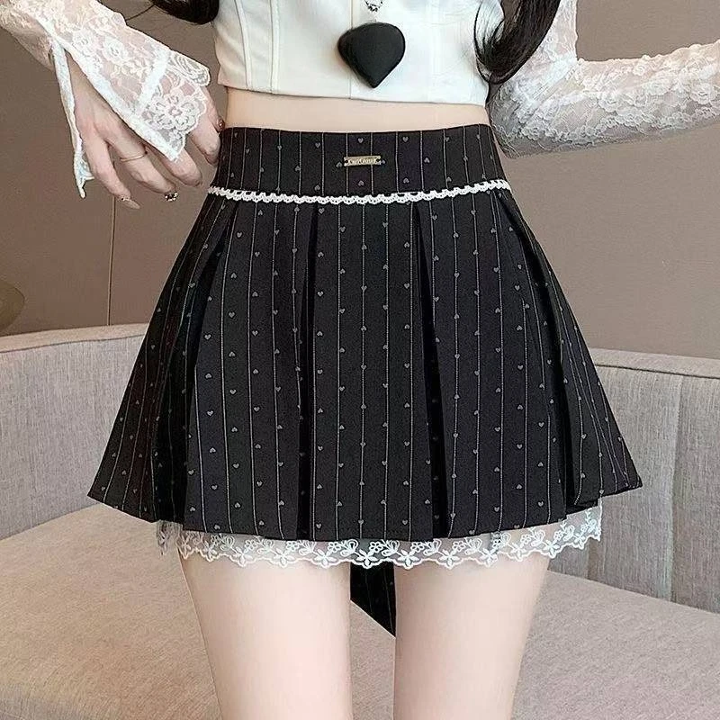 2026 New Gray Pleated Y2k Mini Skirt Women Summer Lace Patchwork Bow Fashion Skirt Lolita Style Striped Dot Print Cutecore Skirt