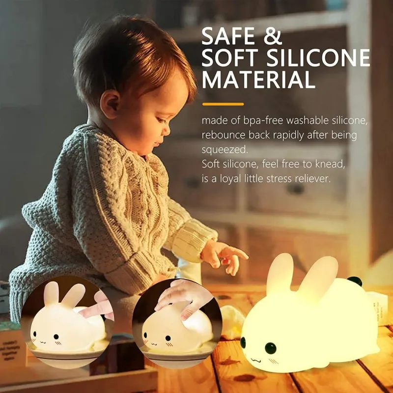 Coelho Controle Remoto LED Night Light para Crianças, Regulável RGB, Recarregável, Silicone Bunny Lamp, Baby Toy, Sensor de Toque, Presente