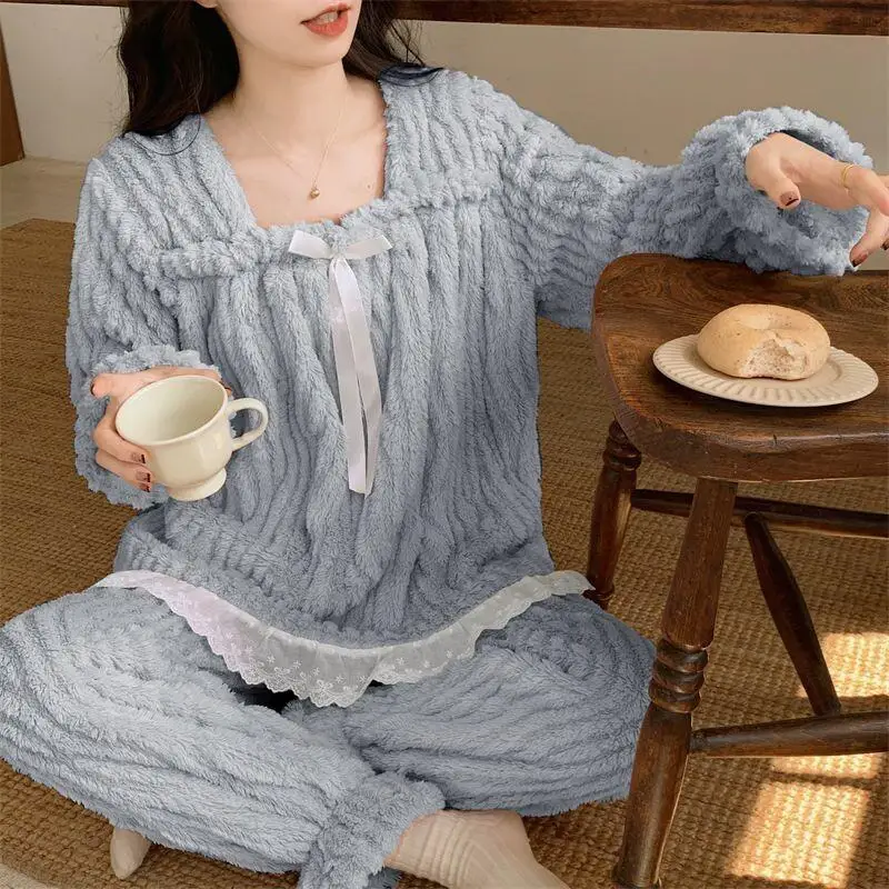 

New Women's Winter Sleepwear With Coral Velvet Thickened Sweet and Cute Warmth Student Dormitory Home Clothes Two Piece Set Sets