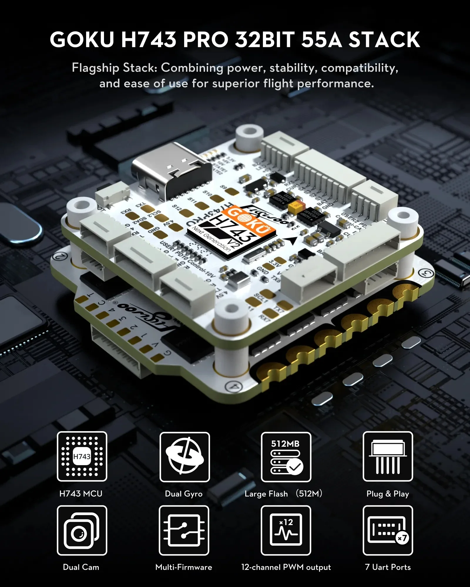 Flywoo GOKU H743 PRO 55A 32Bit 128K 30*30 Stack H743 PRO Flight Controller with G55M AM32 4in1 ESC Plug&Play O4/O4 Pro RC Parts