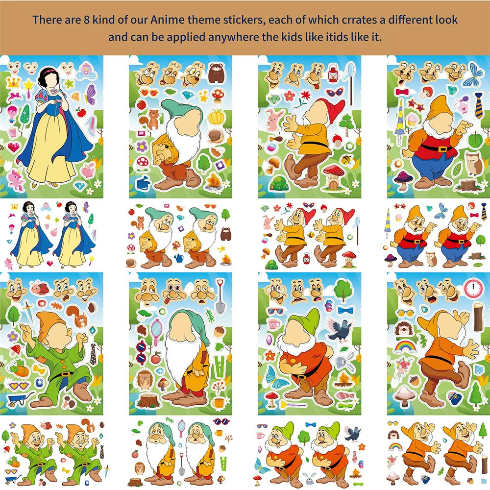 8/16Sheets Disney Cartoon Snow White and the Seven Dwarfs Puzzle Stickers Kids Make a Face Funny Assemble Jigsaw Party Decal Toy