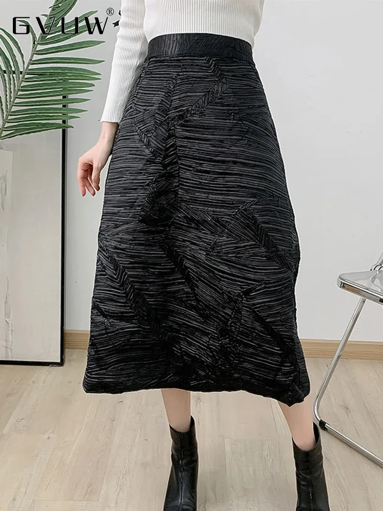 GVUW Pleated A Line Skirts Women Elastic Waist Solid Color Temperament Solid Color New 2025 Female Loose Clothing 17G8920