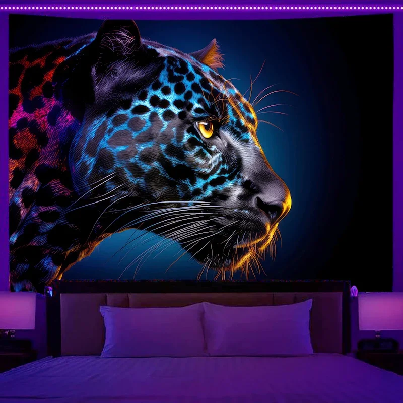 Fluorescent tapestry cat leopard fantasy landscape wall hanging home bedroom room party hippie decoration background cloth