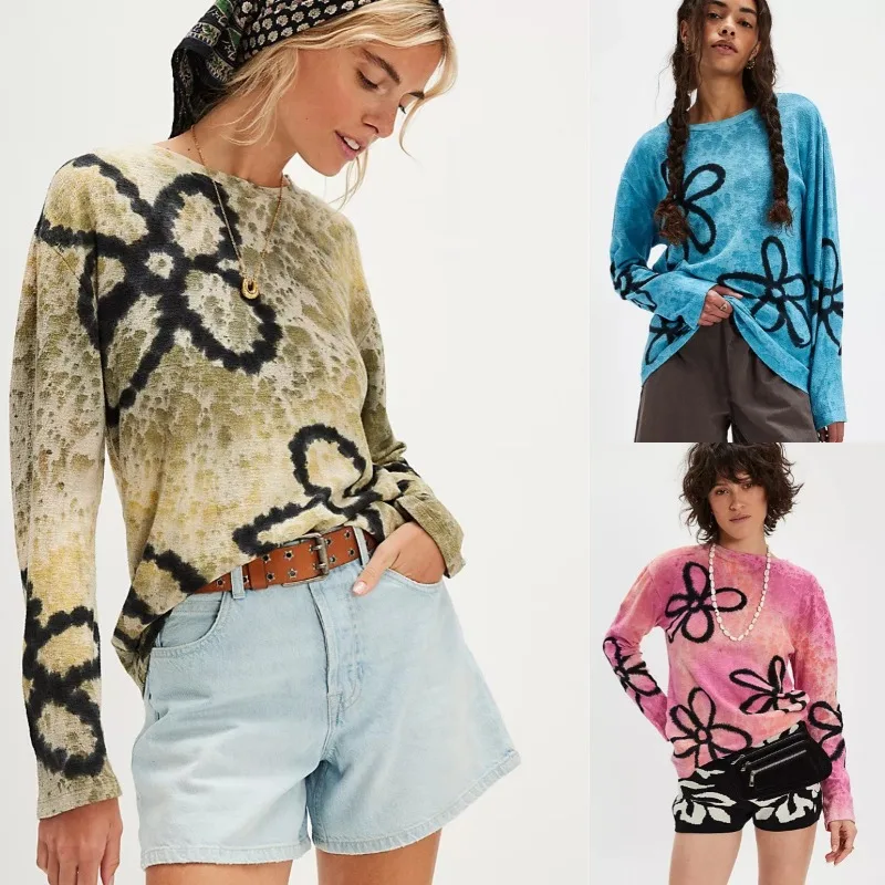 

Fall/Winter 2025 New Women's Vintage Printed Long Sleeve Top Soft and Comfortable Yellow T-Shirt Loose Casual Crew Neck Top