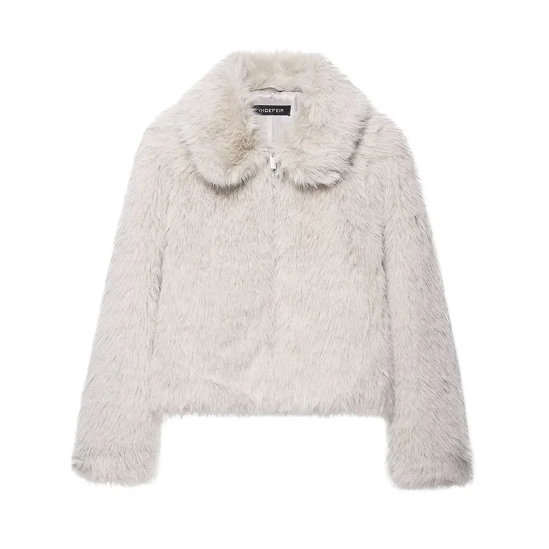 

Women's Jacket 2025 Autumn New Style Beige Long-Sleeve Faux Fur Effect Zipper Cardigan Jacket Elegant and Fashionable