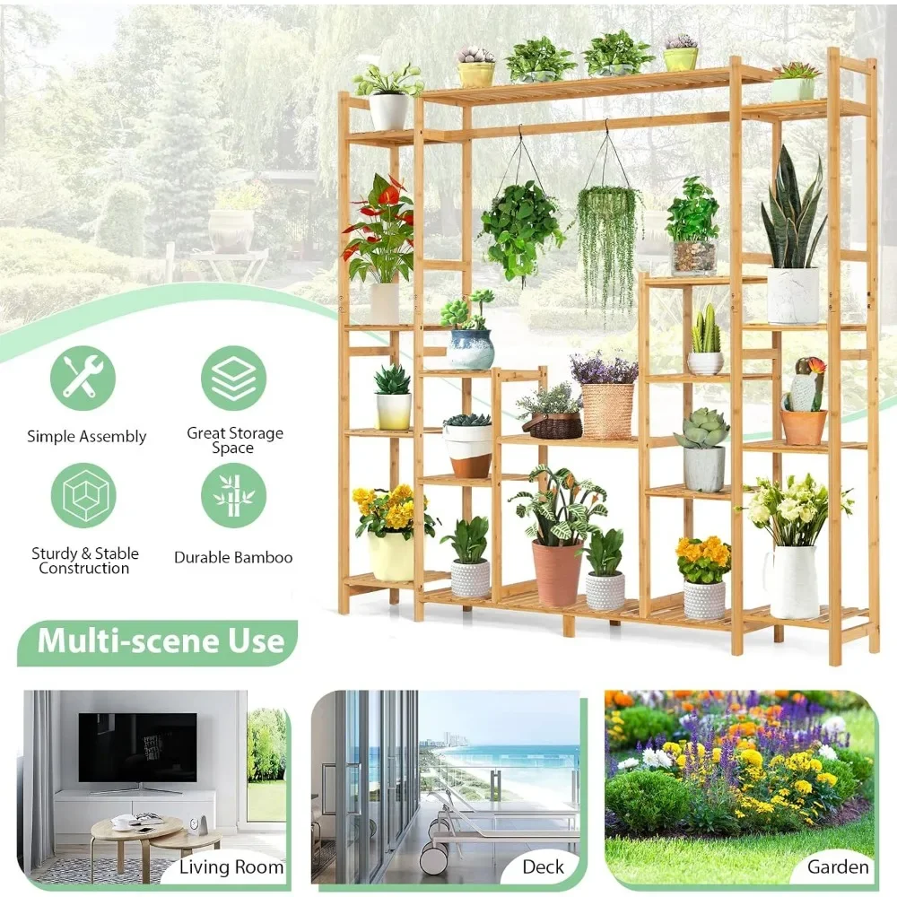 Bamboo Plant Stand, with Hanging Rack & Anti-Dumping Device, 2-In-1 High-Low Plant Holder Shelf, Corner Flower Pot Stand