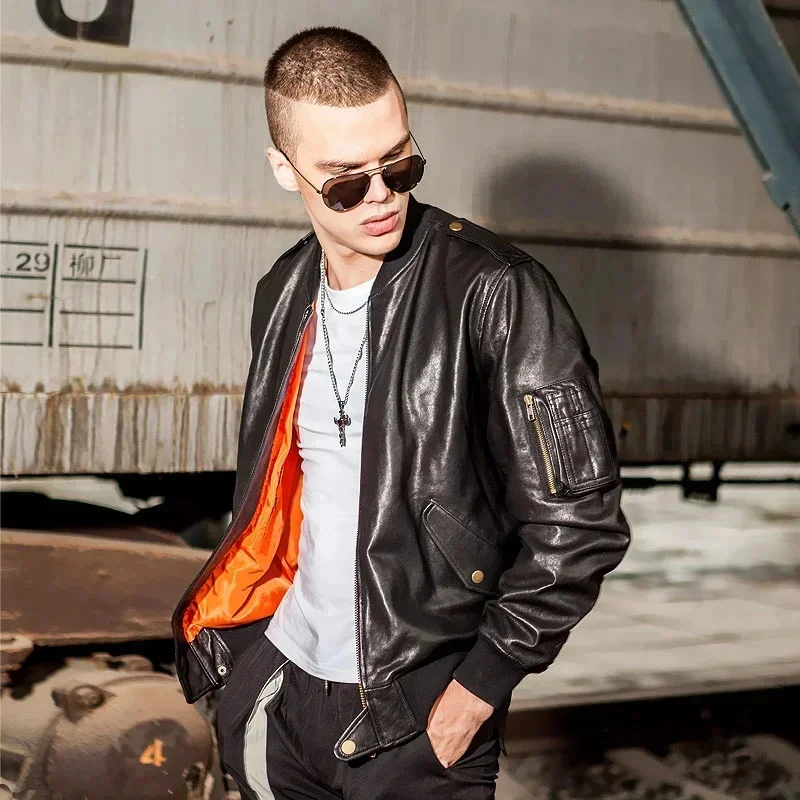 Spring and Autumn Sheepskin Genuine Leather Clothes Pilot Jacket Mens Baseball Uniform Thin Motorcycle Coats Black Red