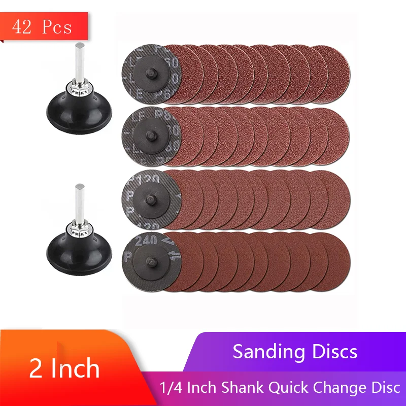 2 Inch Sanding Discs Grits #60#80#120#240 with 2 Pcs 1/4 Inch Shank Quick Change Disc Pad for Wood Stone Steel Surface Polishing