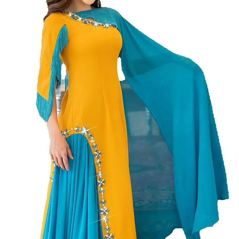 

Abaya Dubai Fashion Color Blocked Cloak Cape Half Shawl Dress Diamond Tassels Kebaya Woman Muslim Evening Dress Islam Jalabiaya