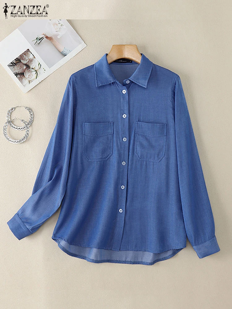 ZANZEA Autumn Fashion Solf Denim Shirt Women Casual Blouse Elegant Lapel Neck Long Sleeve Work Blusas Female Loose Tops Tunic