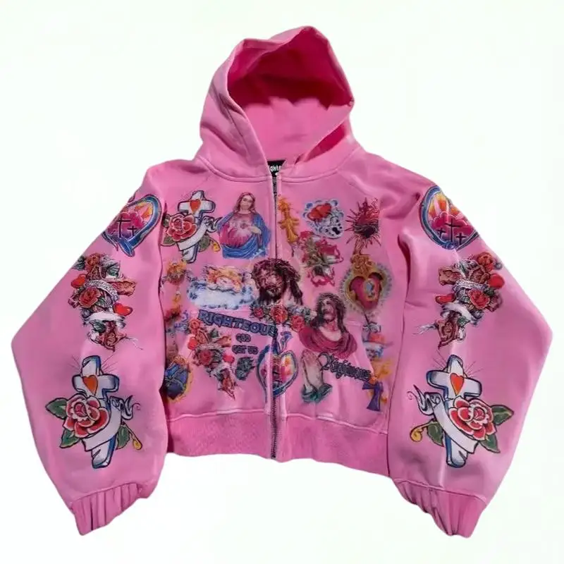 سترة بغطاء للرأس بطبعة يسوع Y2K سترة هاراجوكو القوطية