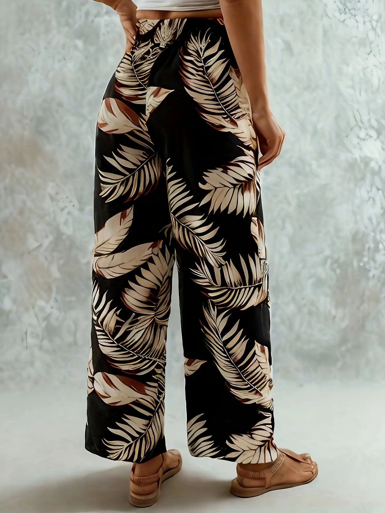 Bohemien-Stil, lässig und elegant, weites Bein-Design, elastischer Bund, mit Blattmuster, locker und bequem. – Detail 4