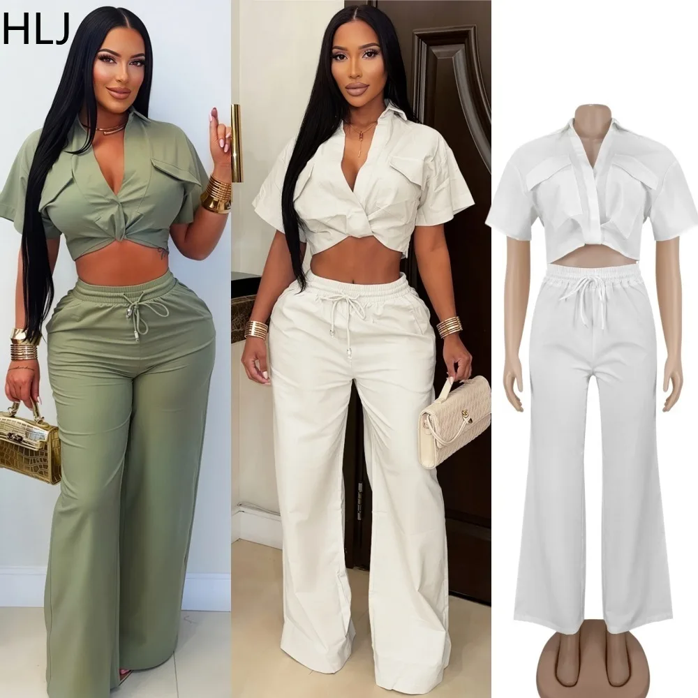 HLJ Casual Streetwear Women 2‑Piece Pant Set Twist Front Short Sleeve Crop Top + Drawstring Wide Leg Pants Daily Outfit Suit New
