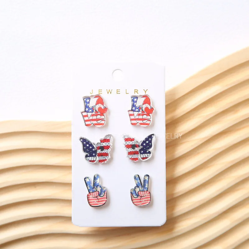 Acrylic Independent Day American Flag Love 3 Pairs 1 Card Stud Earrings Collection Jewelry