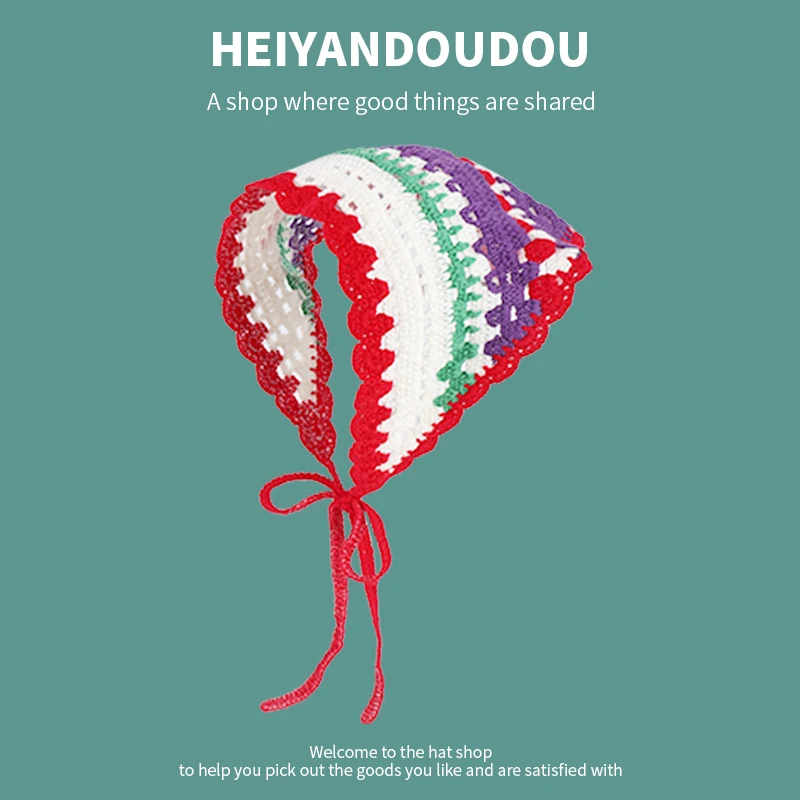 Dopamine Cute Sweet Knitted Triangle Towel Female Idyllic Seaside Vacation Photo Sunscreen Bag Head Scarf Headband