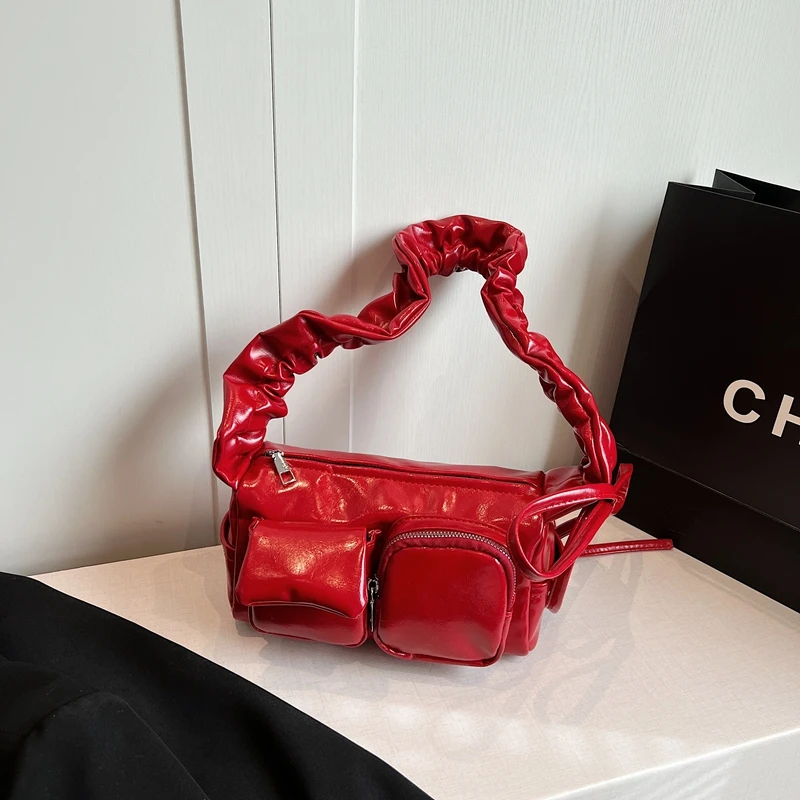 

Designer PU Zipper Red Popular Small Square Bag 2025 New Product Solid Color Sewing Thread Simple Fashion Versatile Shoulder Bag