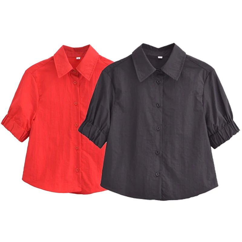 TARF Crop Poplin Shirts Women Short Sleeve Red Black Blouse Summer 2024 Solid Single Breasted Top Chic And Elegant Women Blouse