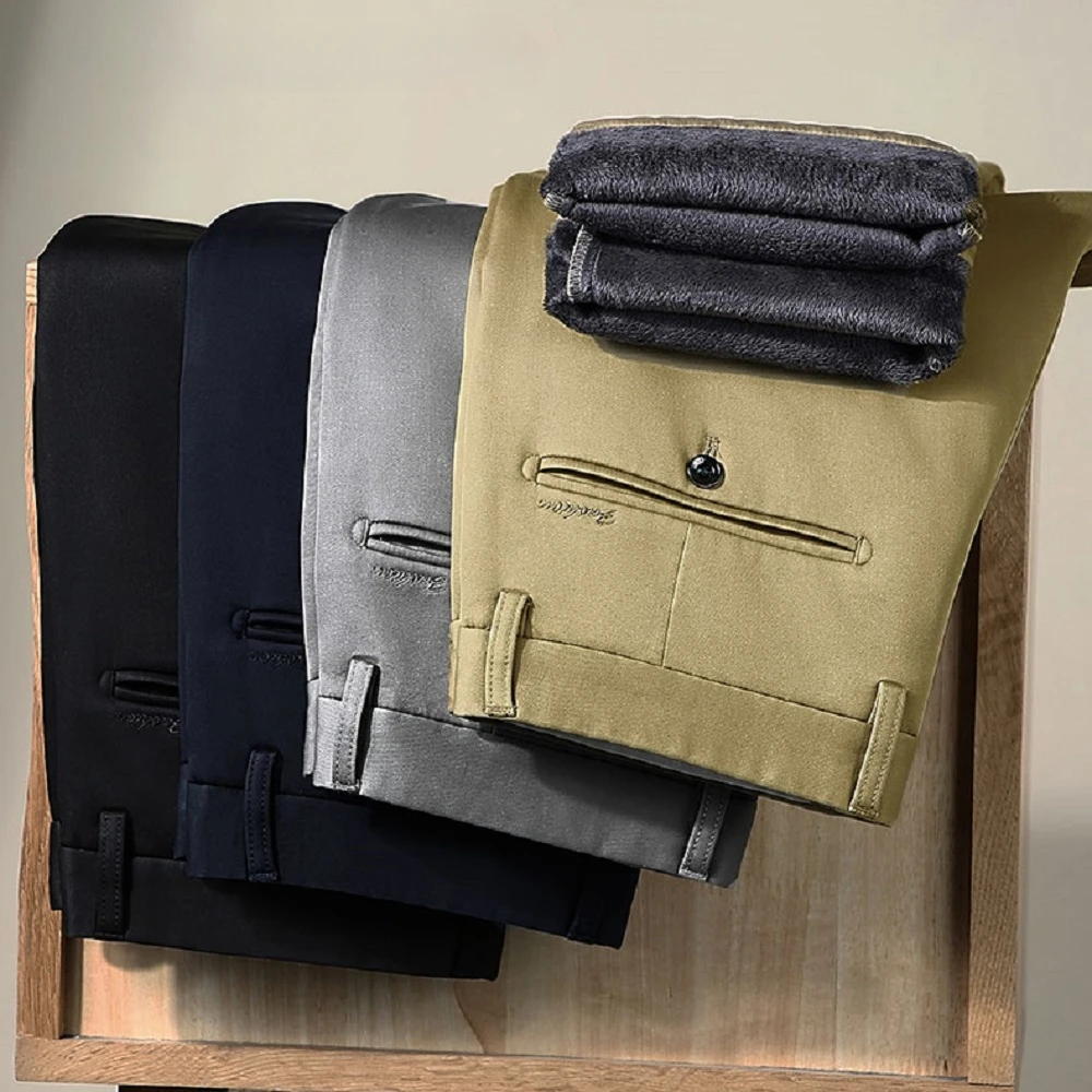 2024 New in Winter Pants Men Straight Stretch Fleece Thicken Warm Trousers Male Brushed Classic Golf Work Black Business Casual