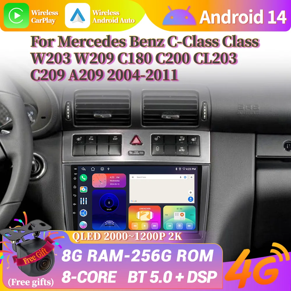 

For Mercedes Benz C-Class Class W203 W209 C180 C200 CL203 C209 A209 2004-2011 Car Radio Android 14 GPS Carplay Bluetooth Screen