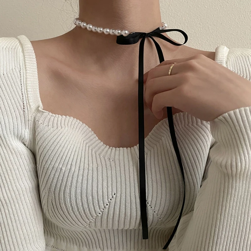 Trend Wedding Party Jewelry Long Black Ribbon Choker Necklace For Women Elegant White Imitation Pearl Beach Vacation Necklaces