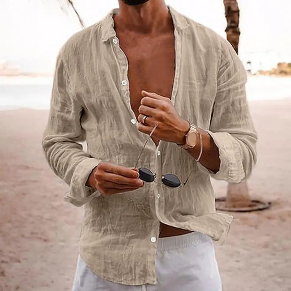 Cotton Linen Men Shirt Tops Loose Fit Lapel Long Sleeve Shirts Pleated Thin Solid Color Single Breasted V-neck Casual Shirt Tops