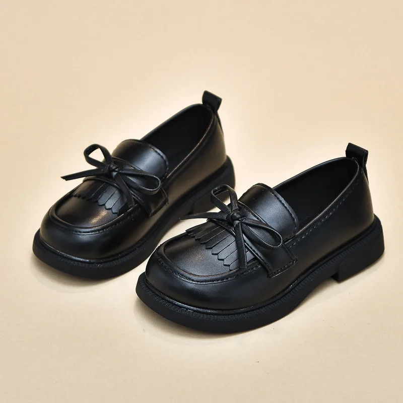 New Arrival Kids\' Casual Shoes Girls\' Black Leather Loafers Low Cut Soft Bottom British Style Children\'s Bean Spring Autumn