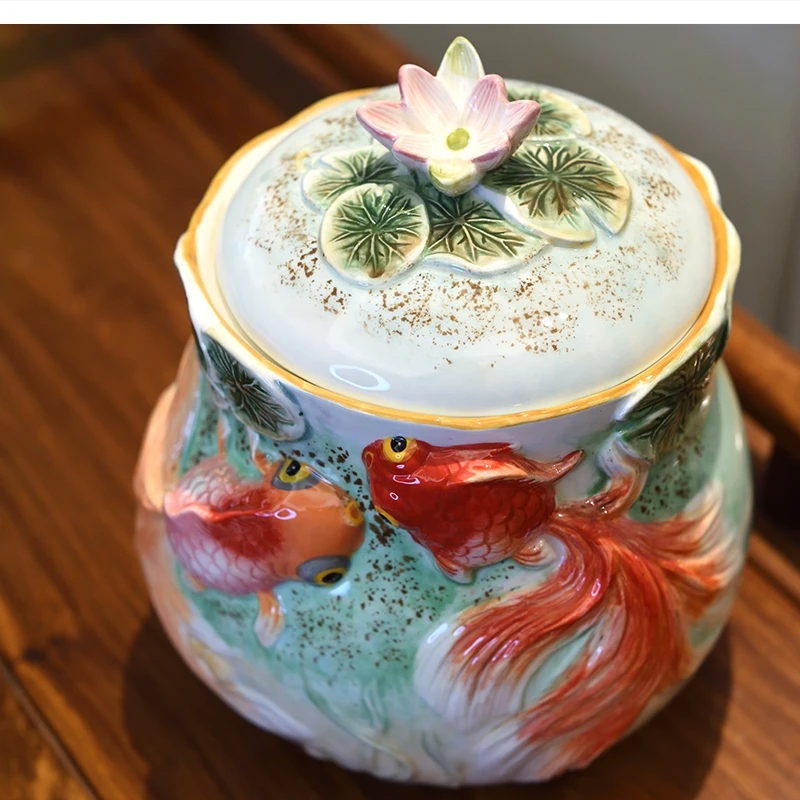 Chinese painted goldfish sealed jar home decoration storage Living room vase Ceramic dessert fruit plate