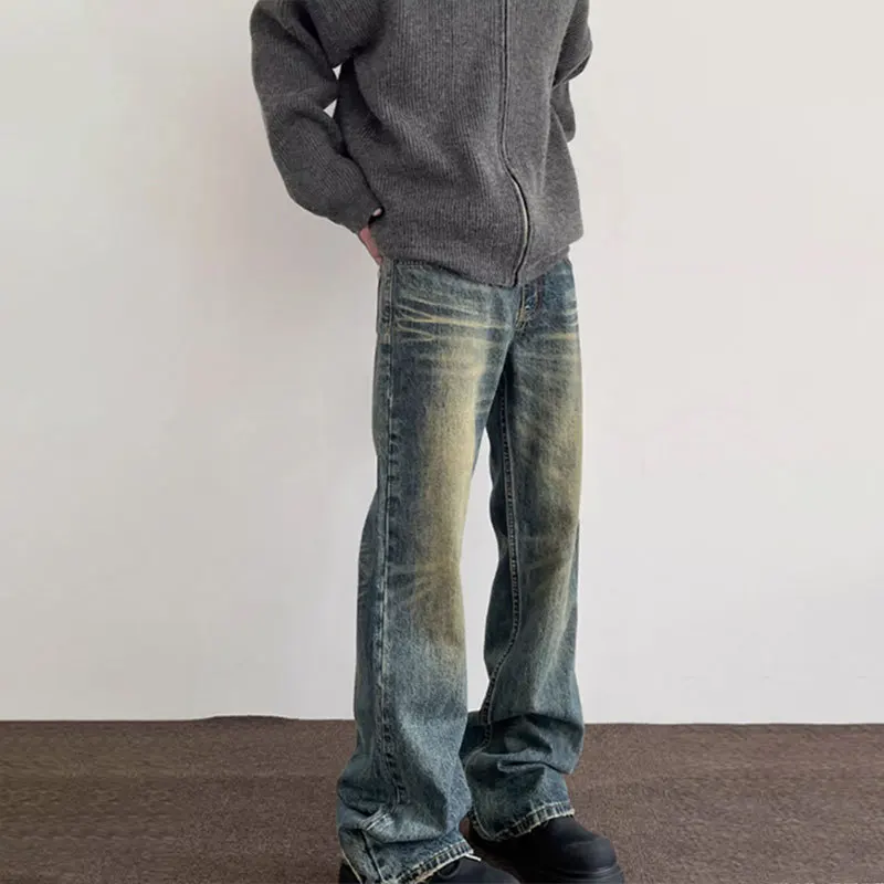 American Vintage 2026 New Fashion Men's Washed Casual Trendy Simple Basic Wide Leg Denim Trousers Male Flare Jeans Pants Clothes
